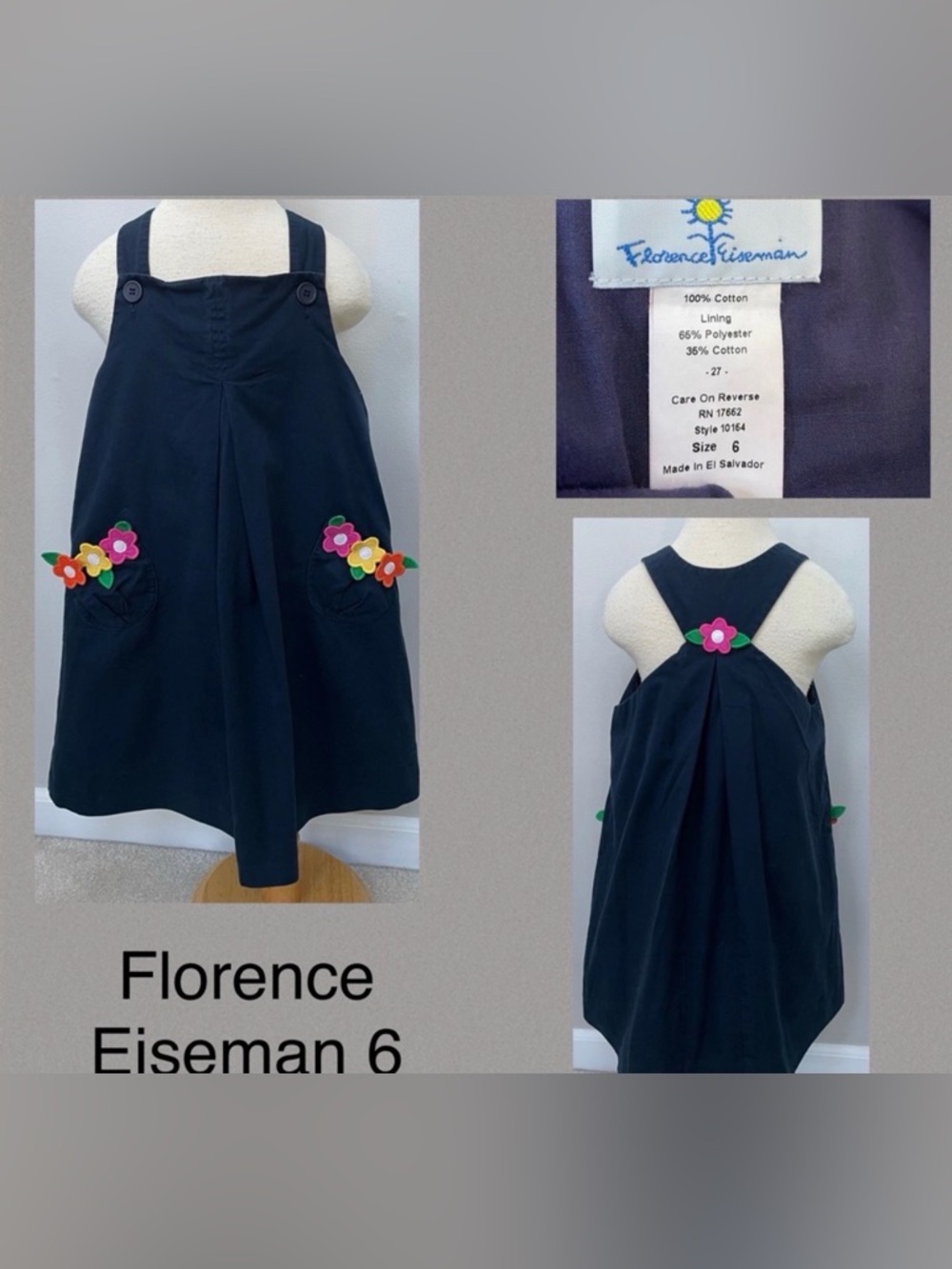 Florence Eiseman Navy Girl's Jumper Dress with Colorful Flower Pockets